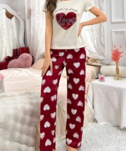 Off White Heart With Maroon Hearts Printed Night Wear