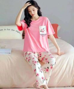 Pink Pocket Flower With White Flowers Printed Trouser (KO-NS-483)