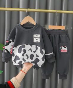 Charcoal Grey & White Cow Print Sweatshirt With Grey Trouser For Kids (KO-KTS-528)