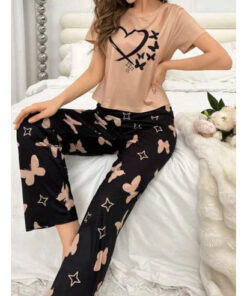 Brown With Black Butterflies Heart Printed T-shirt And Butterflies Printed Trouser Suit (KO-NS-482)