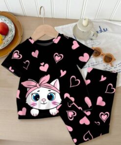 Black Kitty With Pink Hearts Print Kids Night Suit (KO-601)