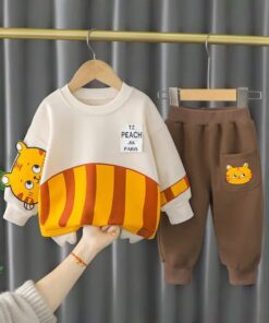 Off White Meow Print Sweatshirt With Brown Trouser For Kids (KO-KTS-521)