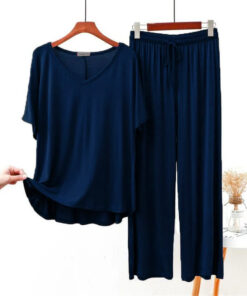 Navy Blue V Neck Half Sleeves Shirt With Lose Style Lounge Wear (KO-NS-394)