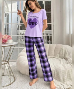 Lilac Love Heart Print Half Sleeves Shirt With Check Printed Trouser (KO-NS-495)