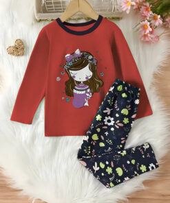 Red Barbie Girl Printed Full Sleeves T-shirt with Flower Printed Pajama Kids Suits (KO-626)
