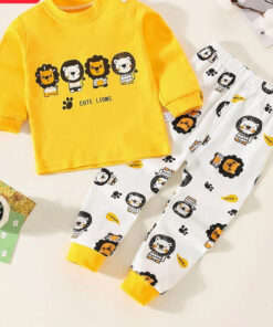 Yellow Lion Printed Full Sleeves T-shirt with Off White Lion Printed Pajama Kids Suits (KO-620)