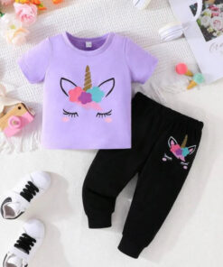 Purple Unicorn Printed Half Sleeves Printed Kids Night Suit (KO-618)