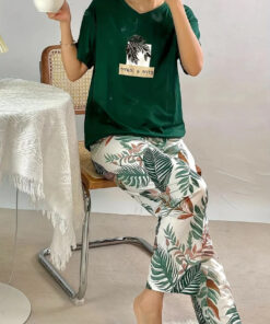 Bottle Green Leaf Print Half Sleeves T-shirt With Printed Pajama Suit