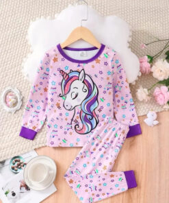 Pink Unicorn Multi Star Printed Full Sleeves Printed Pajama Kids Night Suit (KO-617)